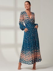 Jolie Moi Blue Blossom Long Sleeve Mesh Maxi Dress - Image 6 of 6