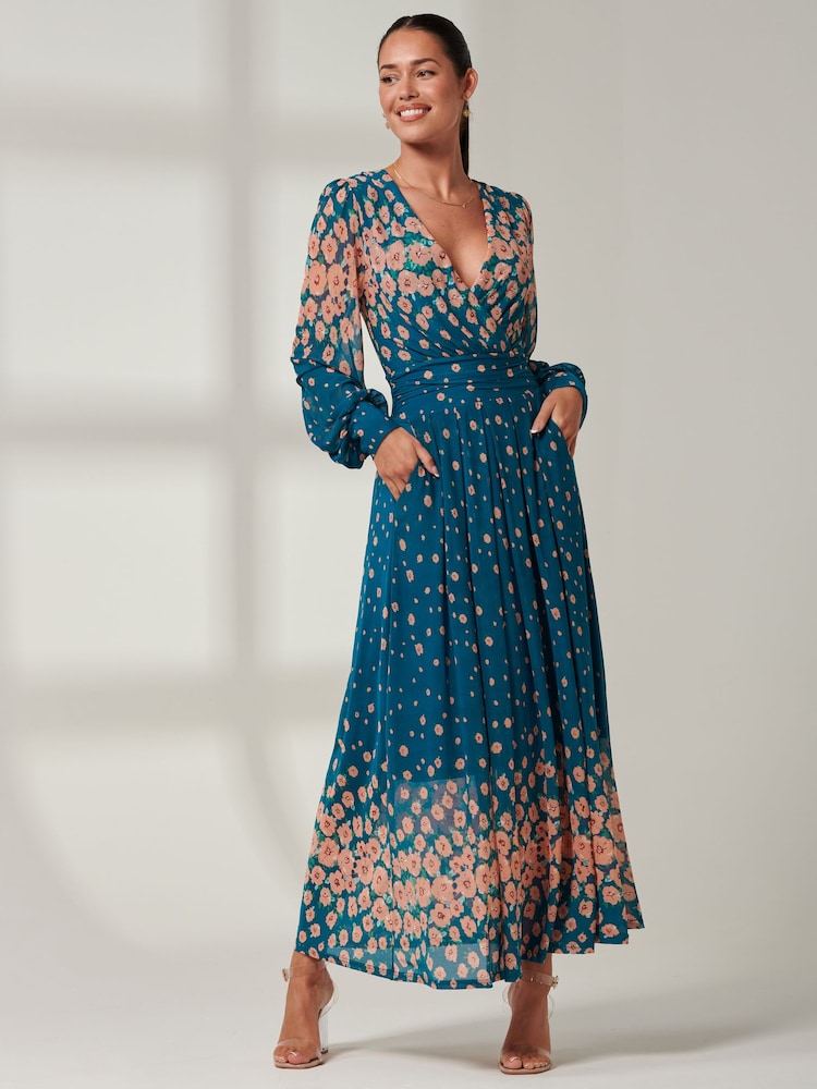 Jolie Moi Blue Blossom Long Sleeve Mesh Maxi Dress - Image 6 of 6