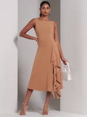 Jolie Moi Brown Haylen Frill Detail Midi Dress - Image 1 of 6