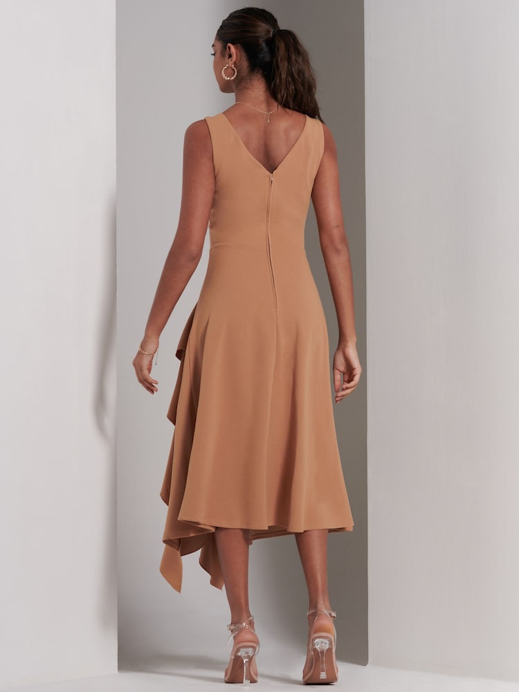 Jolie Moi Brown Haylen Frill Detail Midi Dress - Image 2 of 6