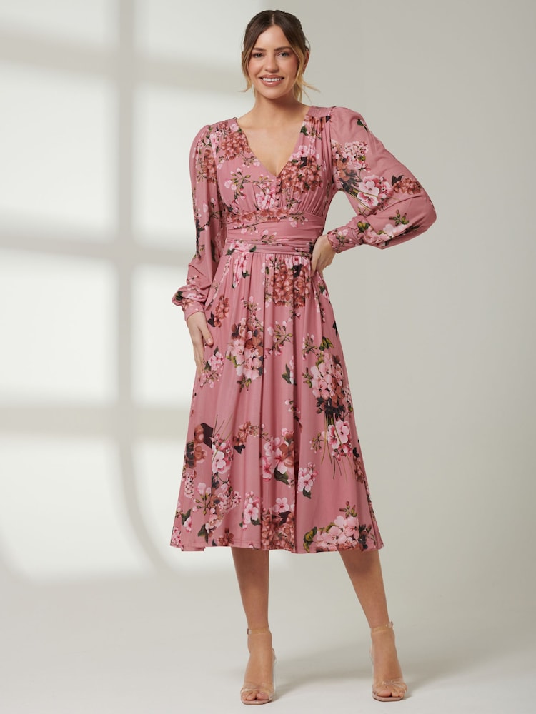 Jolie Moi Pink Long Sleeve Mesh Midi Dress - Image 1 of 6