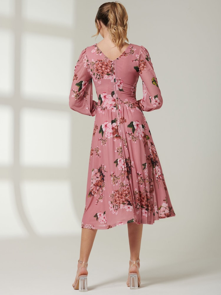 Jolie Moi Pink Long Sleeve Mesh Midi Dress - Image 2 of 6