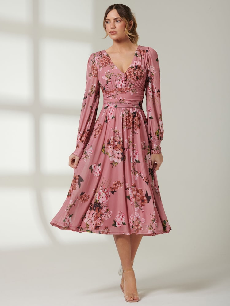 Jolie Moi Pink Long Sleeve Mesh Midi Dress - Image 6 of 6