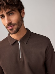 Marron chocolat - Manches longues Gaufré Texturé 100Polos en coton - Image 1 of 7