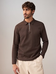 Marron chocolat - Manches longues Gaufré Texturé 100Polos en coton - Image 3 of 7