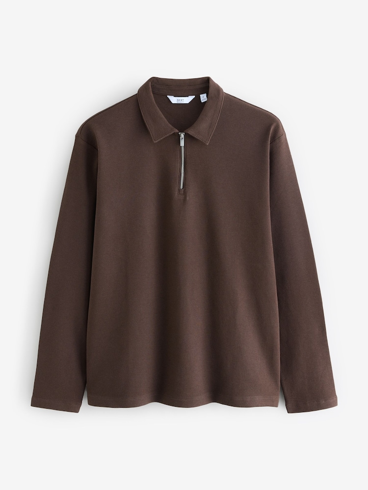 Marron chocolat - Manches longues Gaufré Texturé 100Polos en coton - Image 5 of 7