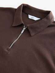 Marron chocolat - Manches longues Gaufré Texturé 100Polos en coton - Image 6 of 7