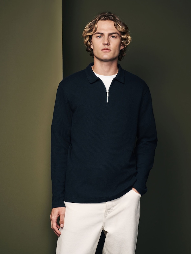 Schwarz - Langärmeliges Poloshirt aus 100 % Baumwolle mit Waffelstruktur - Bild 1 von 7