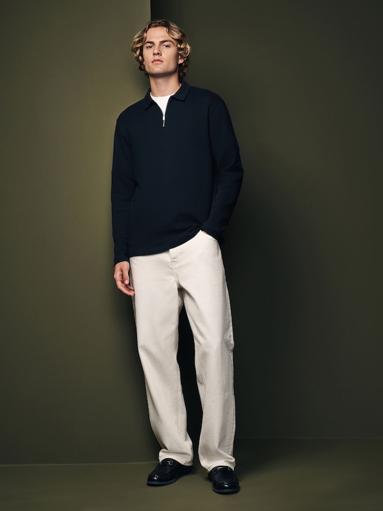 Schwarz - Langärmeliges Poloshirt aus 100 % Baumwolle mit Waffelstruktur - Bild 2 von 7