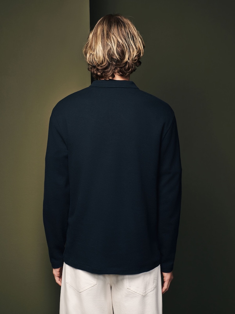 Black Long Sleeve Waffle Textured 100% Cotton Polo Shirt - Image 3 of 7