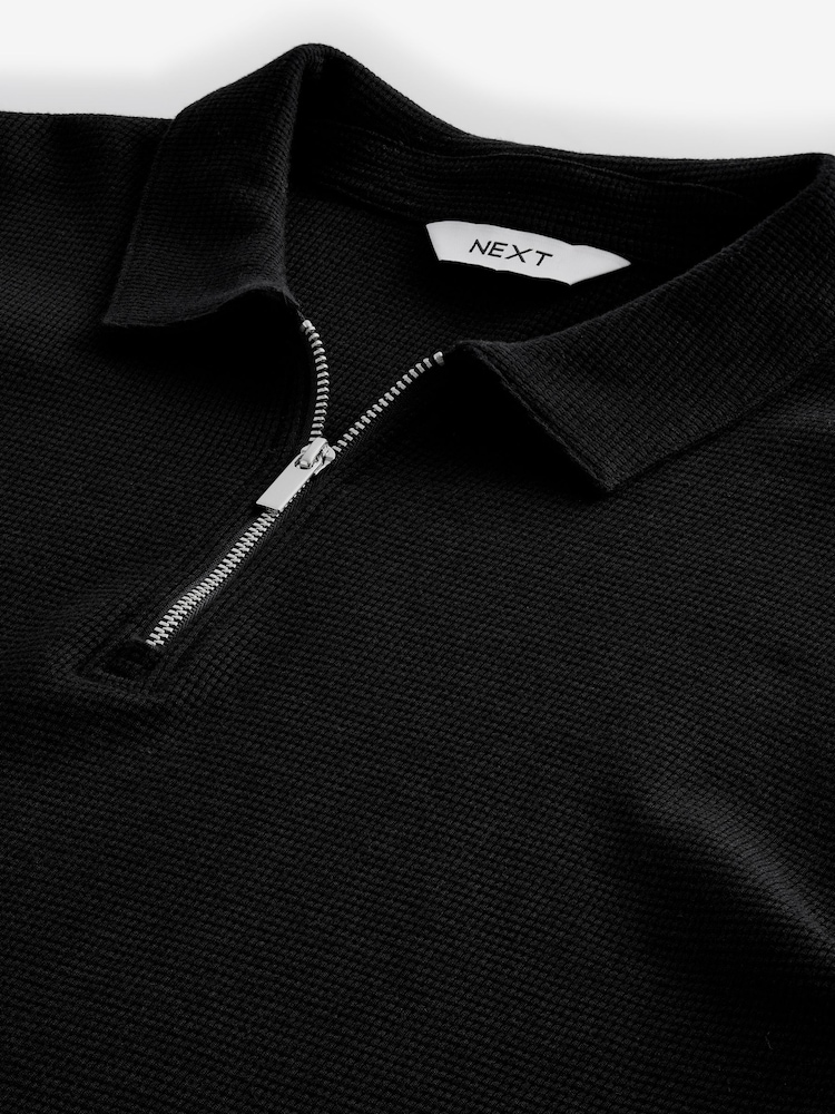 Black Long Sleeve Waffle Textured 100% Cotton Polo Shirt - Image 6 of 7