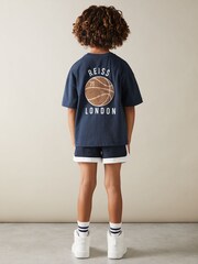 Reiss Washed Navy Kirby Senior Oversized Cotton Basketball Motif T-Shirt - Image 1 of 4