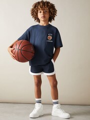 Reiss Washed Navy Kirby Senior Oversized Cotton Basketball Motif T-Shirt - Image 2 of 4