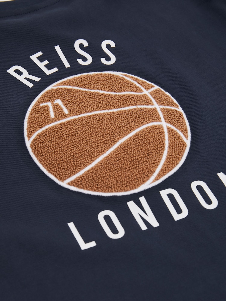 Reiss Washed Navy Kirby Senior Oversized Cotton Basketball Motif T-Shirt - Image 4 of 4