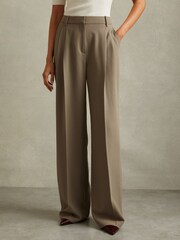 Reiss Khaki Madelyn Wide Leg Front Pleat Suit Trousers - Image 1 of 5
