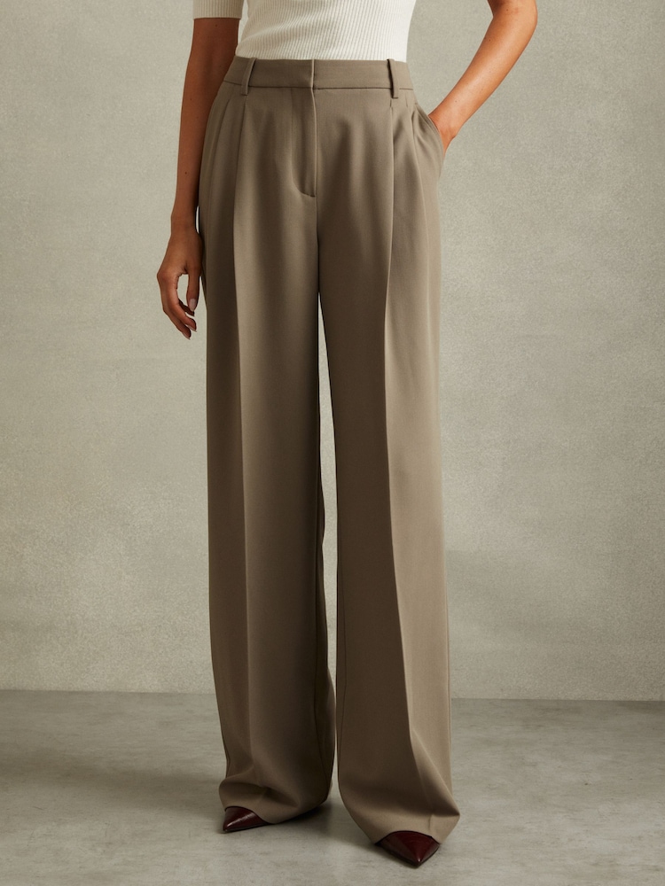 Reiss Khaki Madelyn Wide Leg Front Pleat Suit Trousers - Image 1 of 5