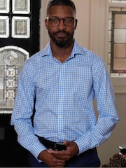 Savile Row Company Slim Fit Blue Single Cuff Check 100% Cotton Shirt - Image 1 of 6