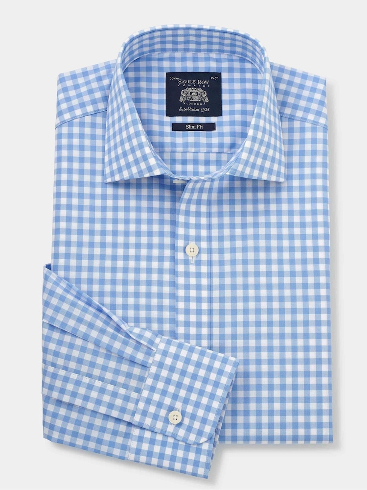 Savile Row Company Slim Fit Blue Single Cuff Check 100% Cotton Shirt - Image 4 of 6