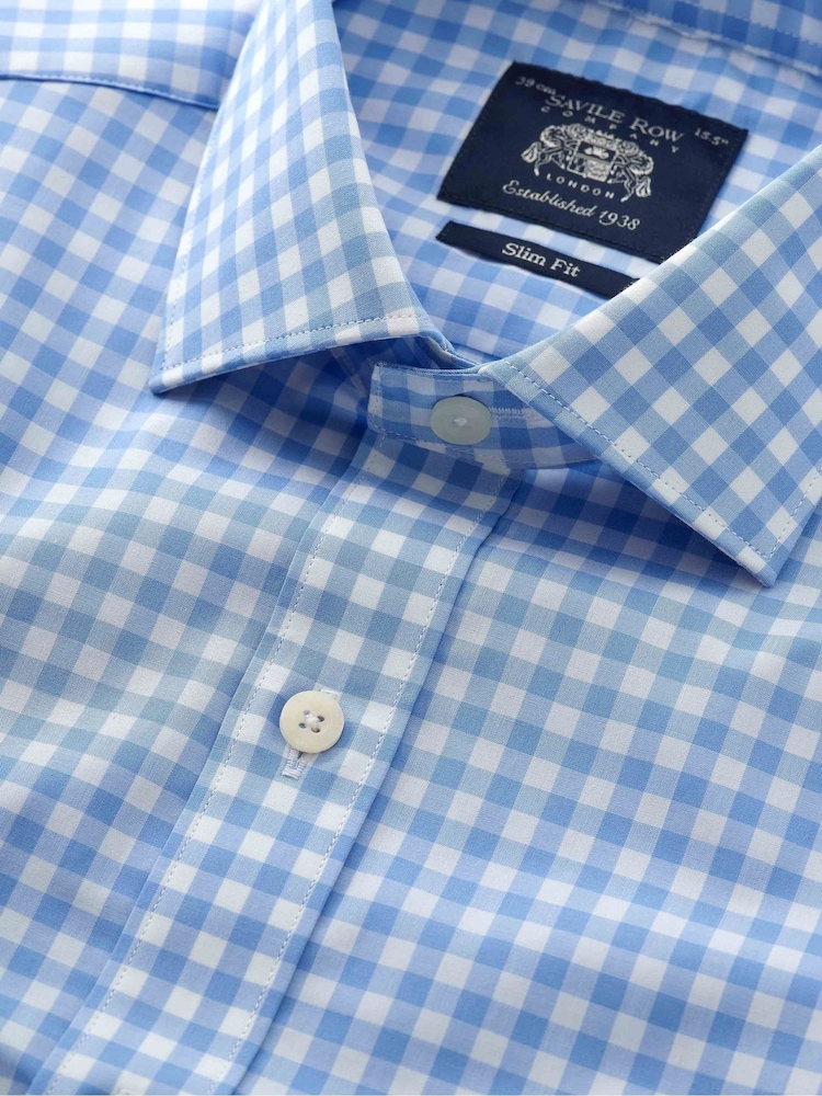 Savile Row Company Slim Fit Blue Single Cuff Check 100% Cotton Shirt - Image 5 of 6