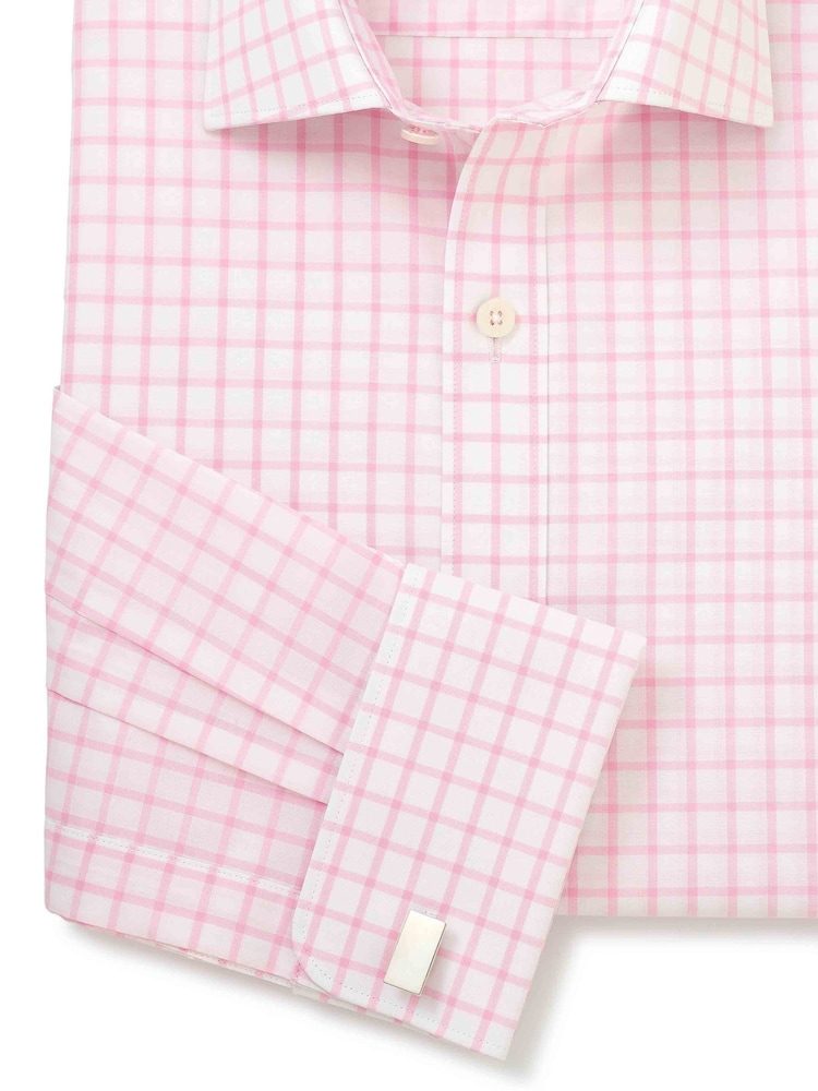Savile Row Company Slim Fit Pink Double Cuff Row Check 100% Cotton Shirt - Image 6 of 6