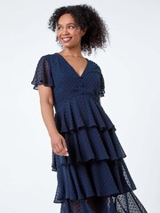 Roman Blue Textured Spot Tiered Midi Dress - Image 1 of 5