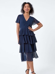 Roman Blue Textured Spot Tiered Midi Dress - Image 2 of 5