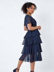 Roman Blue Textured Spot Tiered Midi Dress - Image 3 of 5