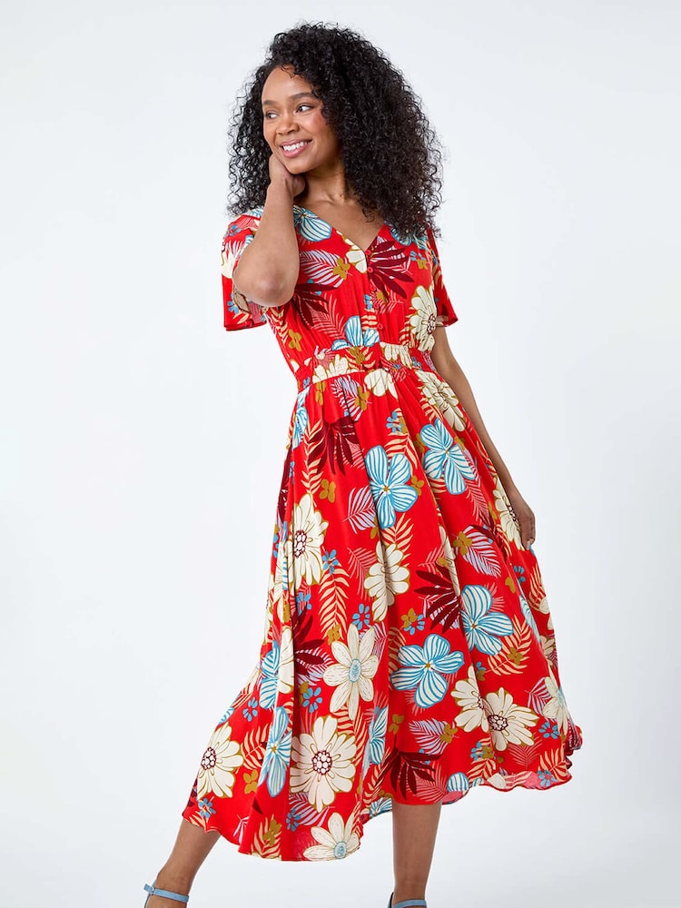 Roman Red Floral Print Shirred Midi Dress - Image 1 of 5