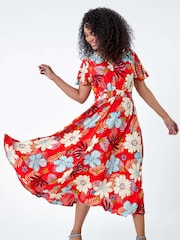 Roman Red Floral Print Shirred Midi Dress - Image 3 of 5