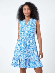 Roman Blue Ditsy Floral Frill Hem Shirt Dress - Image 1 of 5