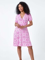 Roman Pink Tile Print Stretch Wrap Dress - Image 2 of 5