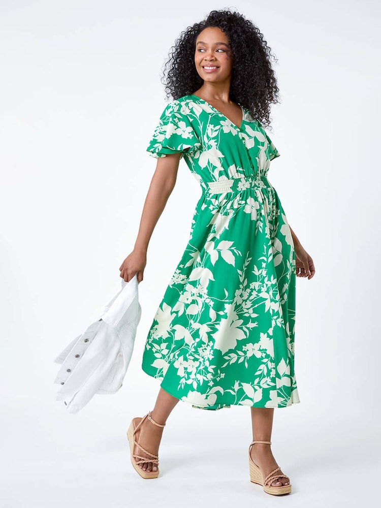 Roman Green Leaf Print Shirred Midi Dress - Image 1 of 5