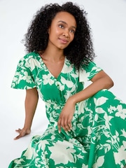 Roman Green Leaf Print Shirred Midi Dress - Image 2 of 5