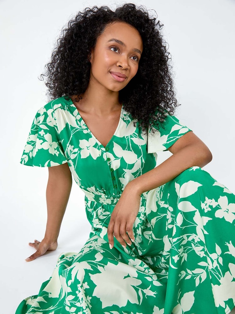 Roman Green Leaf Print Shirred Midi Dress - Image 2 of 5