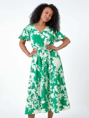 Roman Green Leaf Print Shirred Midi Dress - Image 4 of 5