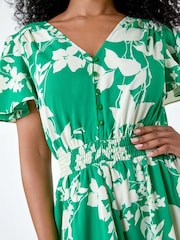 Roman Green Leaf Print Shirred Midi Dress - Image 5 of 5