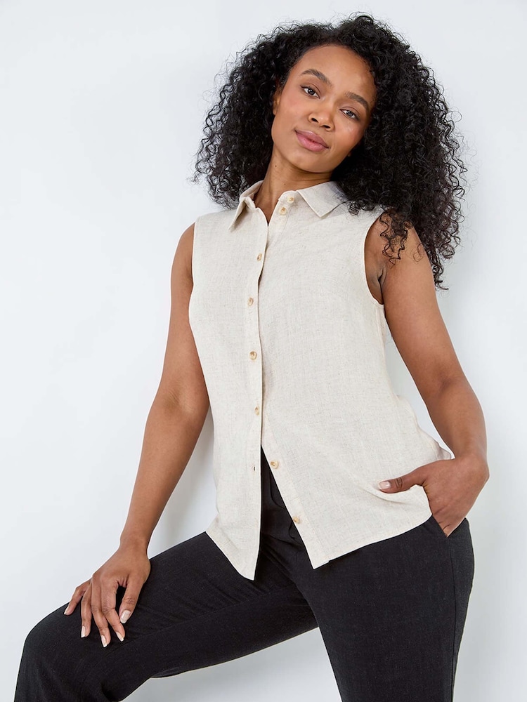 Roman Natural Linen Blend Sleeveless Blouse - Image 1 of 5