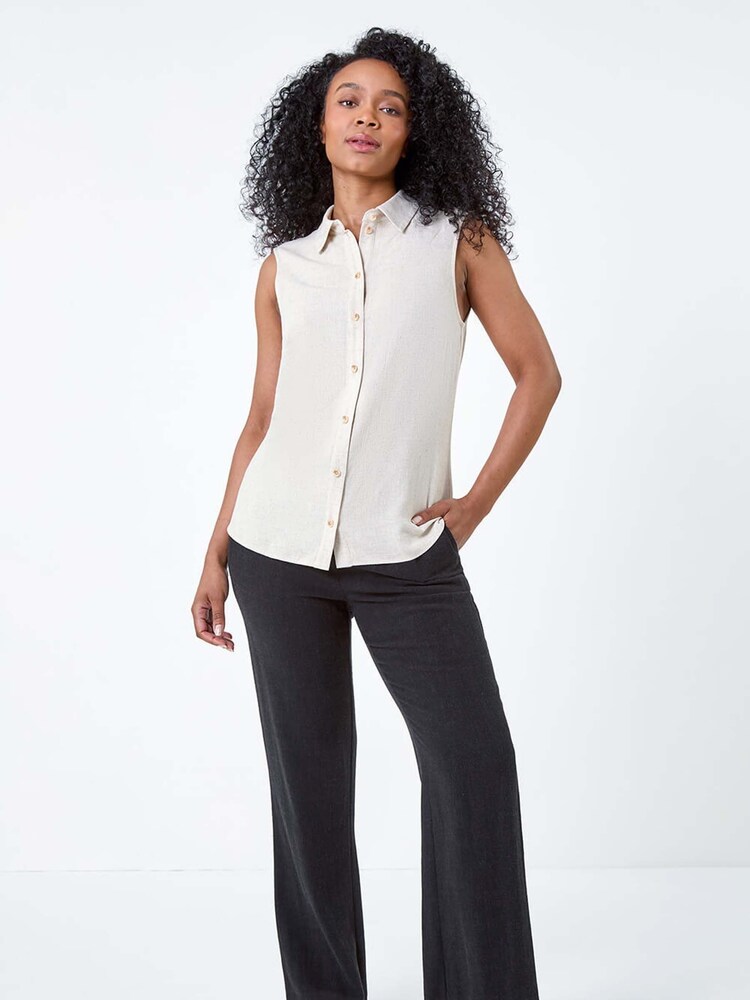 Roman Natural Linen Blend Sleeveless Blouse - Image 2 of 5
