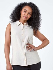 Roman Natural Linen Blend Sleeveless Blouse - Image 4 of 5