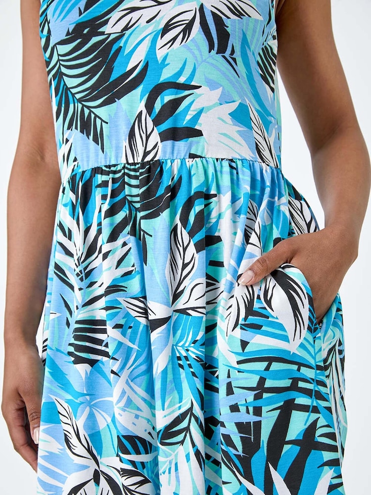 Roman Blue Tropical Leaf Print Pocket Dress - Image 5 of 5
