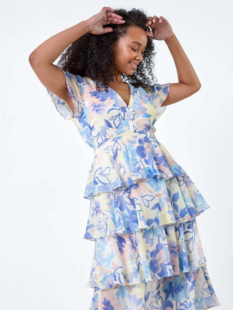 Roman Blue Floral Print Tiered Midi Dress - Image 1 of 5 Roman Blue Floral Print Tiered Midi Dress - Image 1 of 5