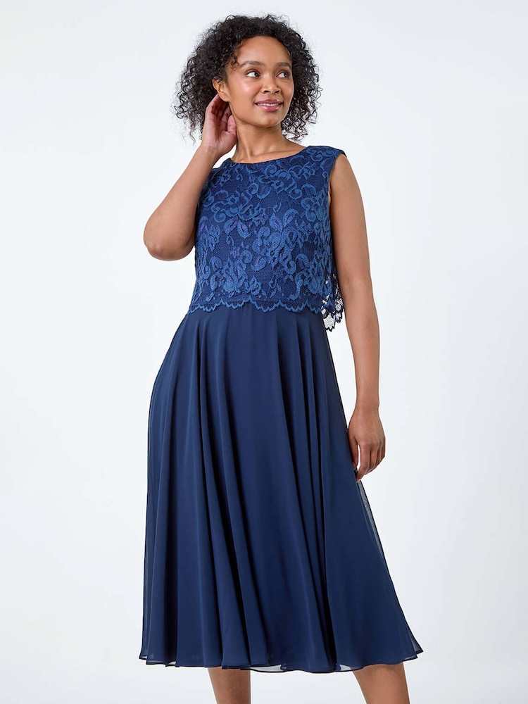 Roman Blue Lace Pleated Midi Dress - Image 2 of 5