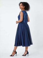 Roman Blue Lace Pleated Midi Dress - Image 3 of 5