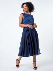 Roman Blue Lace Pleated Midi Dress - Image 4 of 5