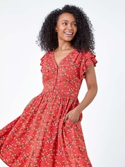 Roman Brown Ditsy Floral Frill Pocket Dress - Image 1 of 5