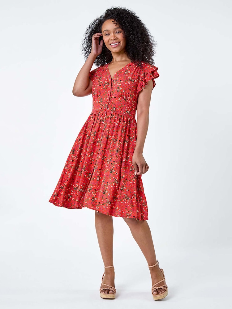 Roman Brown Ditsy Floral Frill Pocket Dress - Image 2 of 5