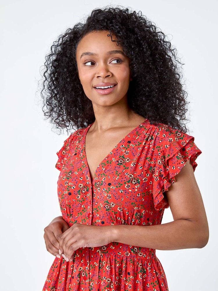 Roman Brown Ditsy Floral Frill Pocket Dress - Image 4 of 5