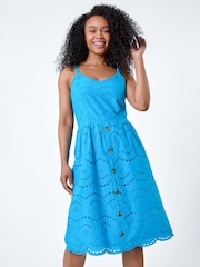 Roman Blue 100% Cotton Broderie Button Design Dress - Image 1 of 5