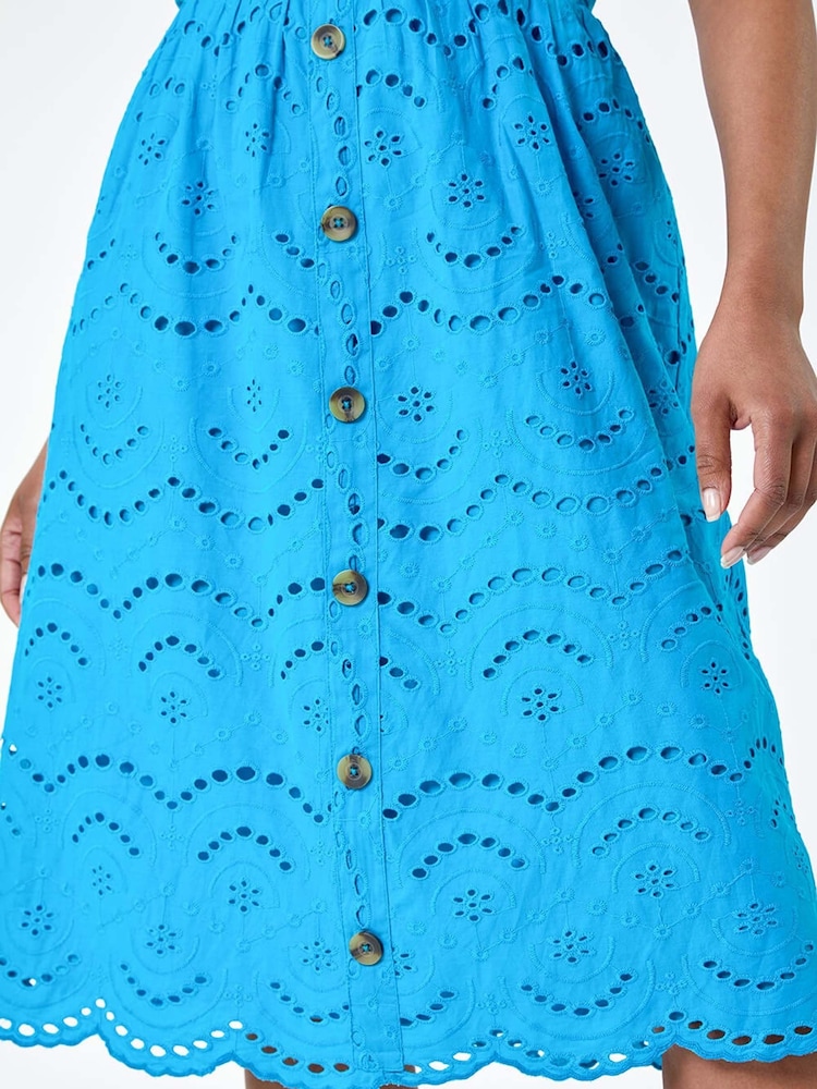 Roman Blue 100% Cotton Broderie Button Design Dress - Image 5 of 5