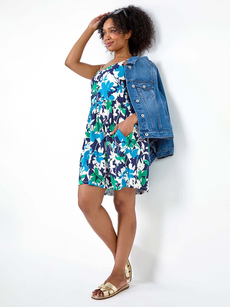 Roman Blue Leaf Print Stretch Pocket Dress - Image 1 of 5